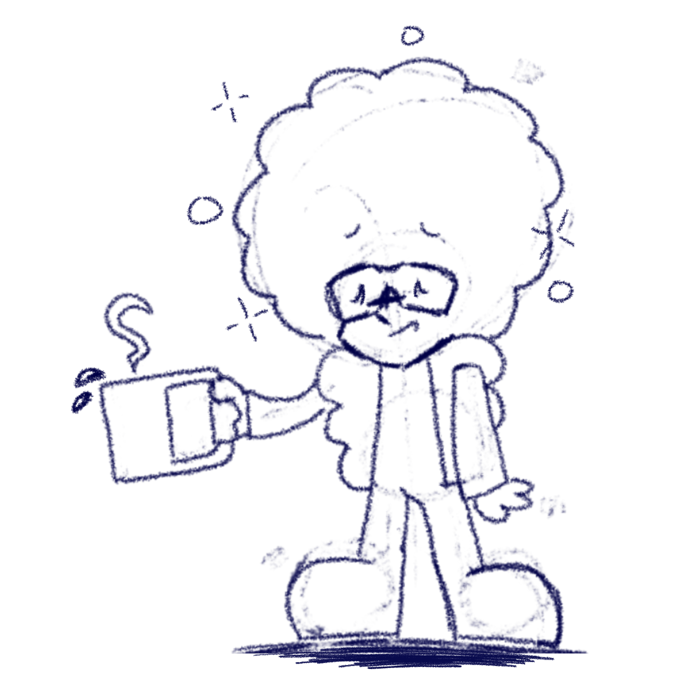 a cartoon-ified version of Aidan holding a cup of coffee, looking slightly tired, but still cheerful enough to start the day.